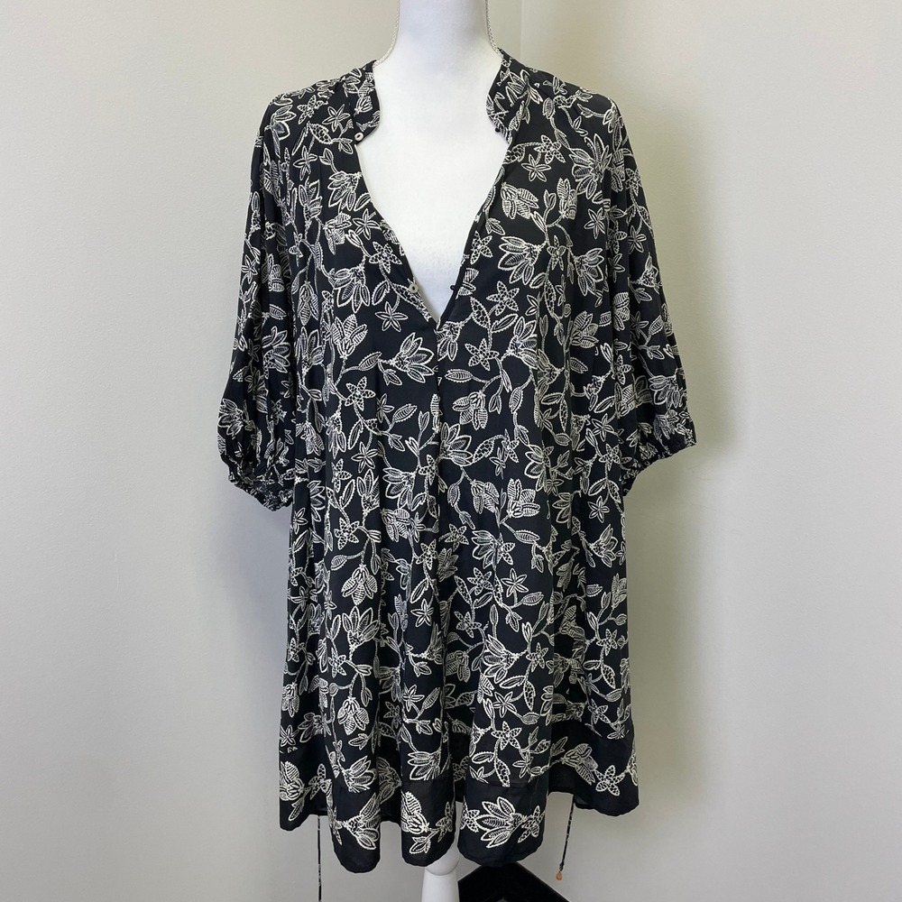 NEW HM Black White Floral Lace Print Button Front Mini Dress L Puff Sleeve - Picture 6 of 15